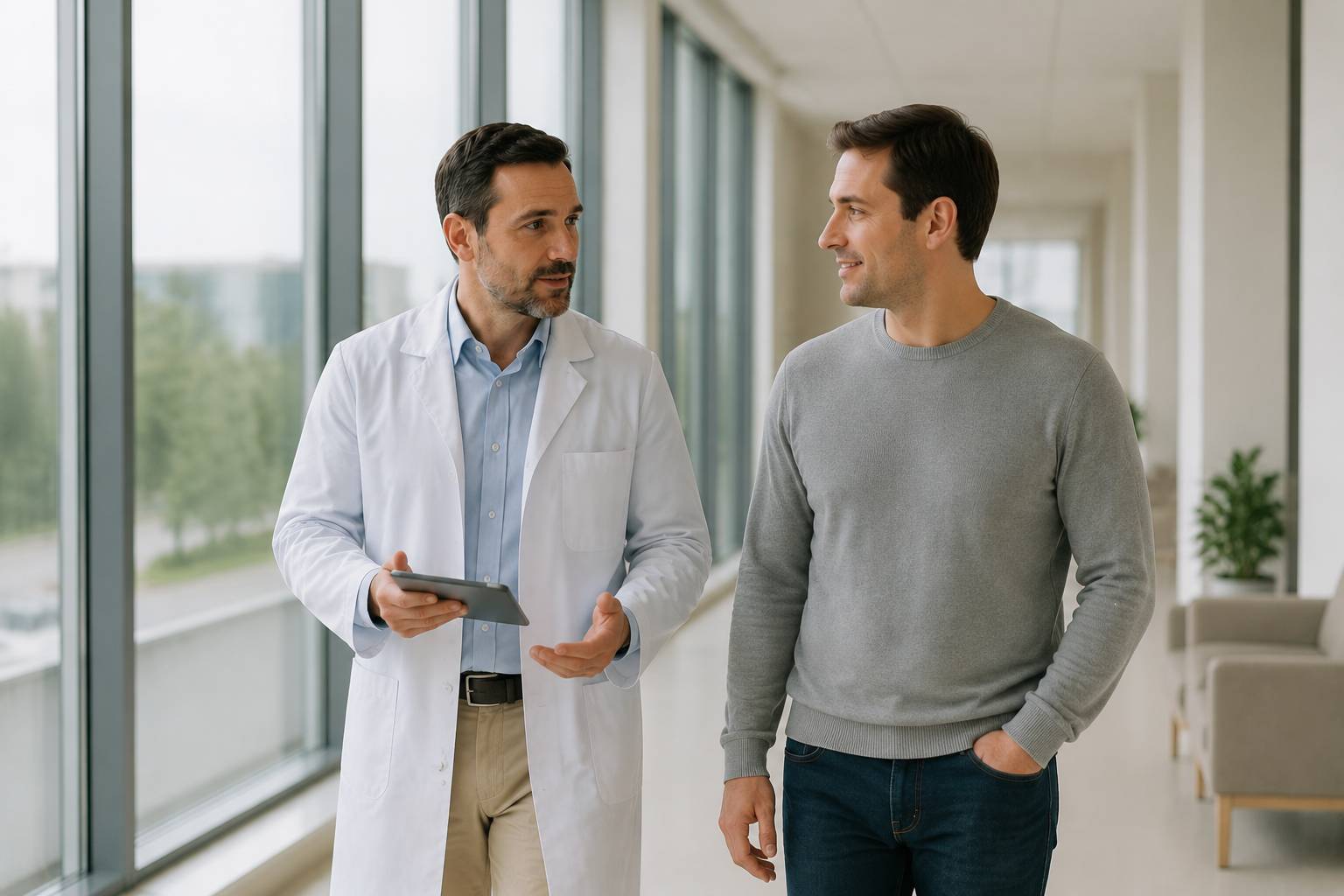 Лечение зависимости от бутирата Врач и пациент идут по коридору 